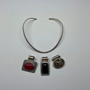 Sterling Silver Necklace with Three Pendants, Red, Black and Tortise Shell